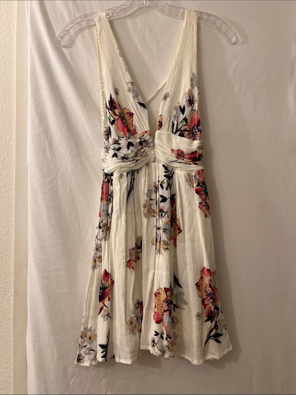 ILLA ILLA Cream Floral V-Neck Mini Dress with Pink & Yellow Accents